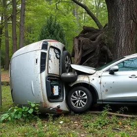 carro capota e bate em árvore